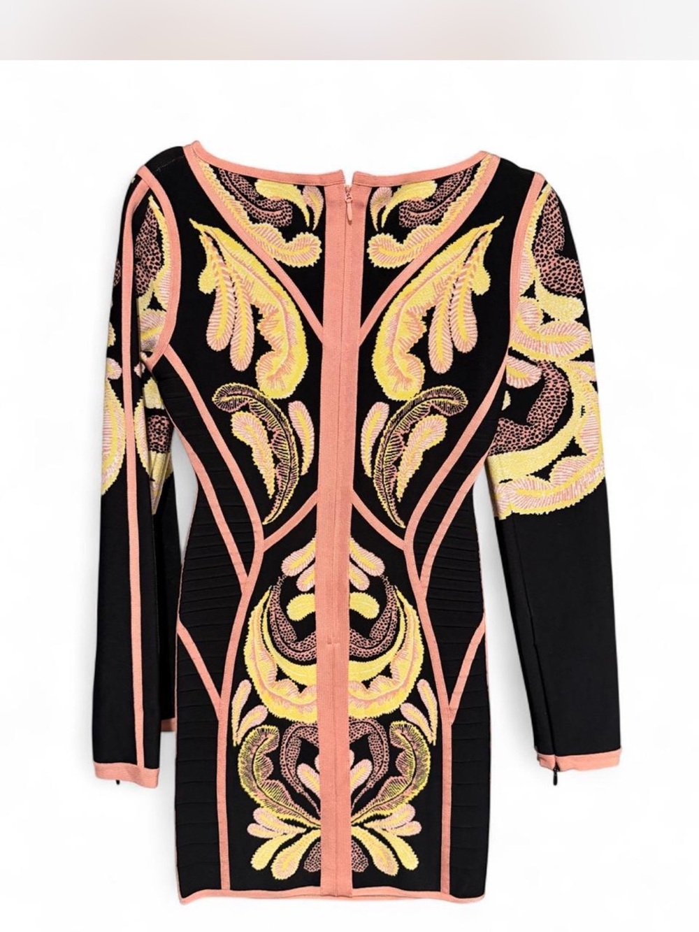 Herve Leger Black Long Sleeve Bodycon Dress with Pink and Yellow Embroidery